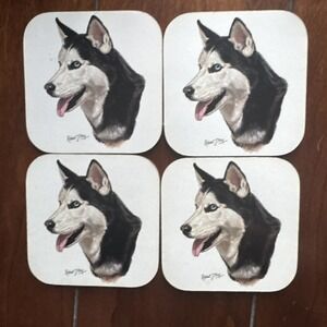 Siberian Husky Coasters Set of 4 Cork Backed 4" Art by Robert J. May VTG 90s